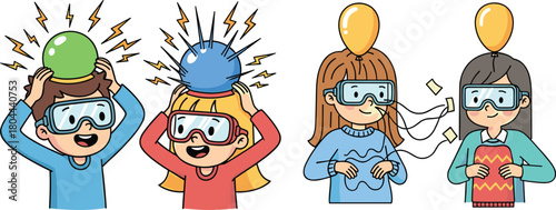 Children performing fun static electricity science experiments with balloons and sweaters, demonstrating energy, attraction, friction, learning, creativity, and educational physics concepts