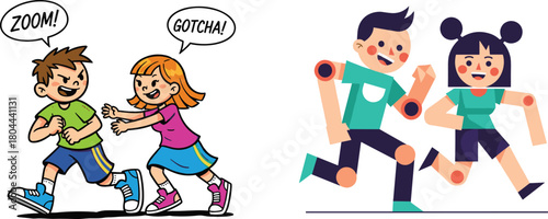 Happy children running and playing tag outdoors in fun cartoon and flat illustration style, energetic kids activity showing movement and joy