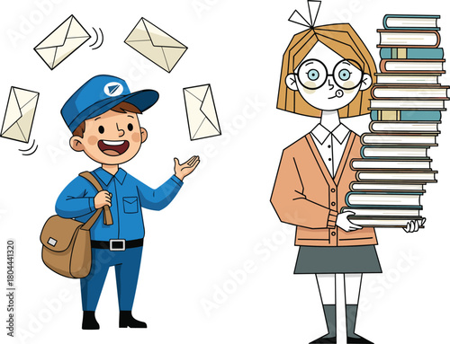 Happy mail carrier delivering letters while a woman carries a tall stack of books, illustrating communication, delivery service, education, organization, and daily tasks
