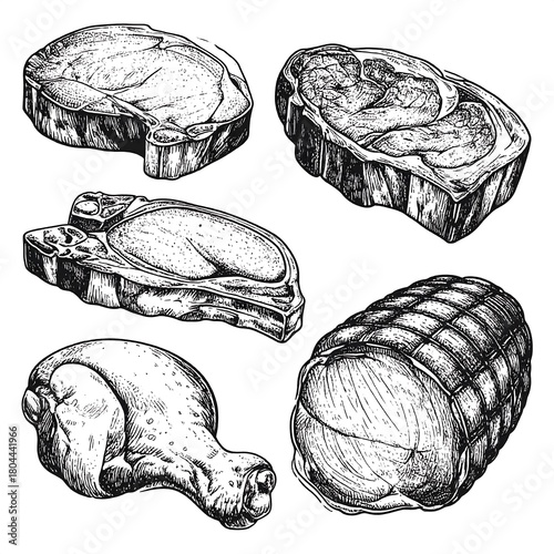 Hand-drawn illustrations showcasing a variety of raw meat cuts, detailed in monochrome style