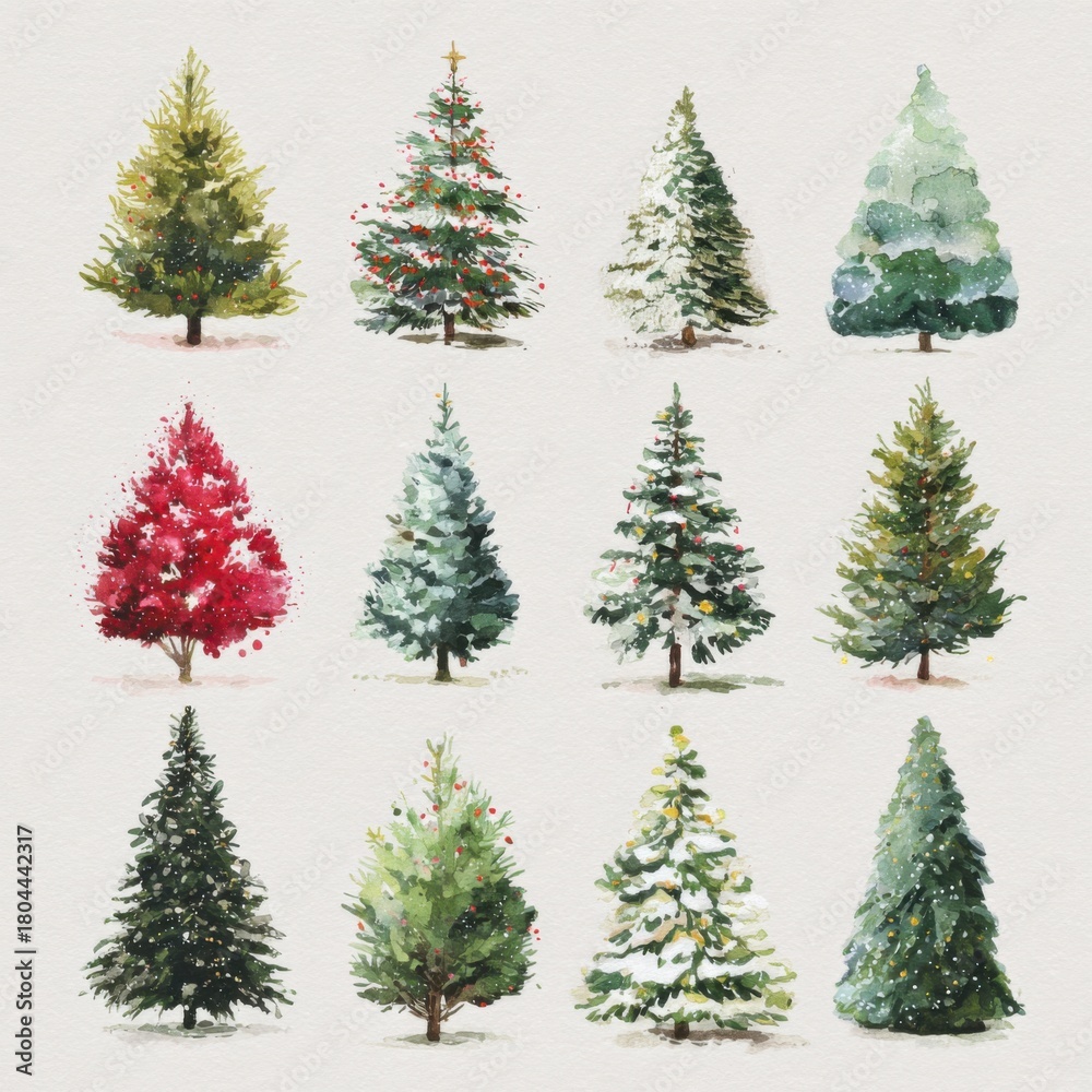 Fototapeta premium Watercolor Collection of Christmas Trees in Various Styles and Colors for Holiday Decorations and Seasonal Artwork