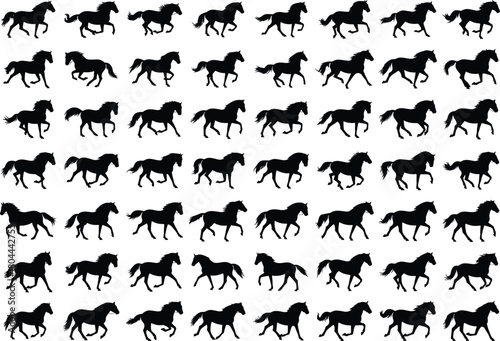 Dynamic running horse silhouette pattern collection featuring multiple galloping poses, elegant wild animal vector design ideal for equestrian, motion, and wildlife themed illustrations