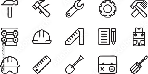 Tool Icons Collection: A comprehensive set of essential tools, meticulously illustrated with clean lines and a modern aesthetic, representing construction and craftsmanship.