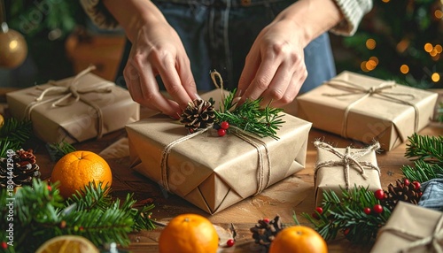 Holiday eco-friendly gift wrapping with sustainable materials