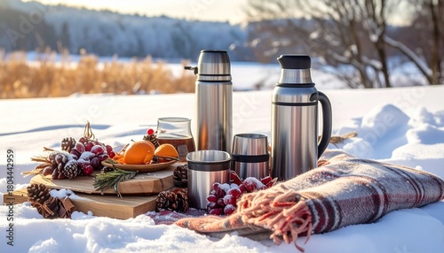 Outdoor winter picnic setup with thermoses and blankets