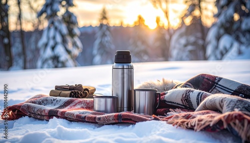 Outdoor winter picnic setup with thermoses and blankets