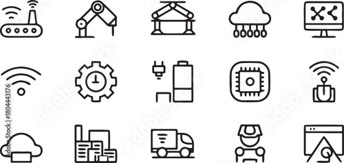 Innovative Technology Icons: A collection of meticulously crafted icons illustrating the diverse facets of the digital age, representing concepts like connectivity, automation, and data processing.