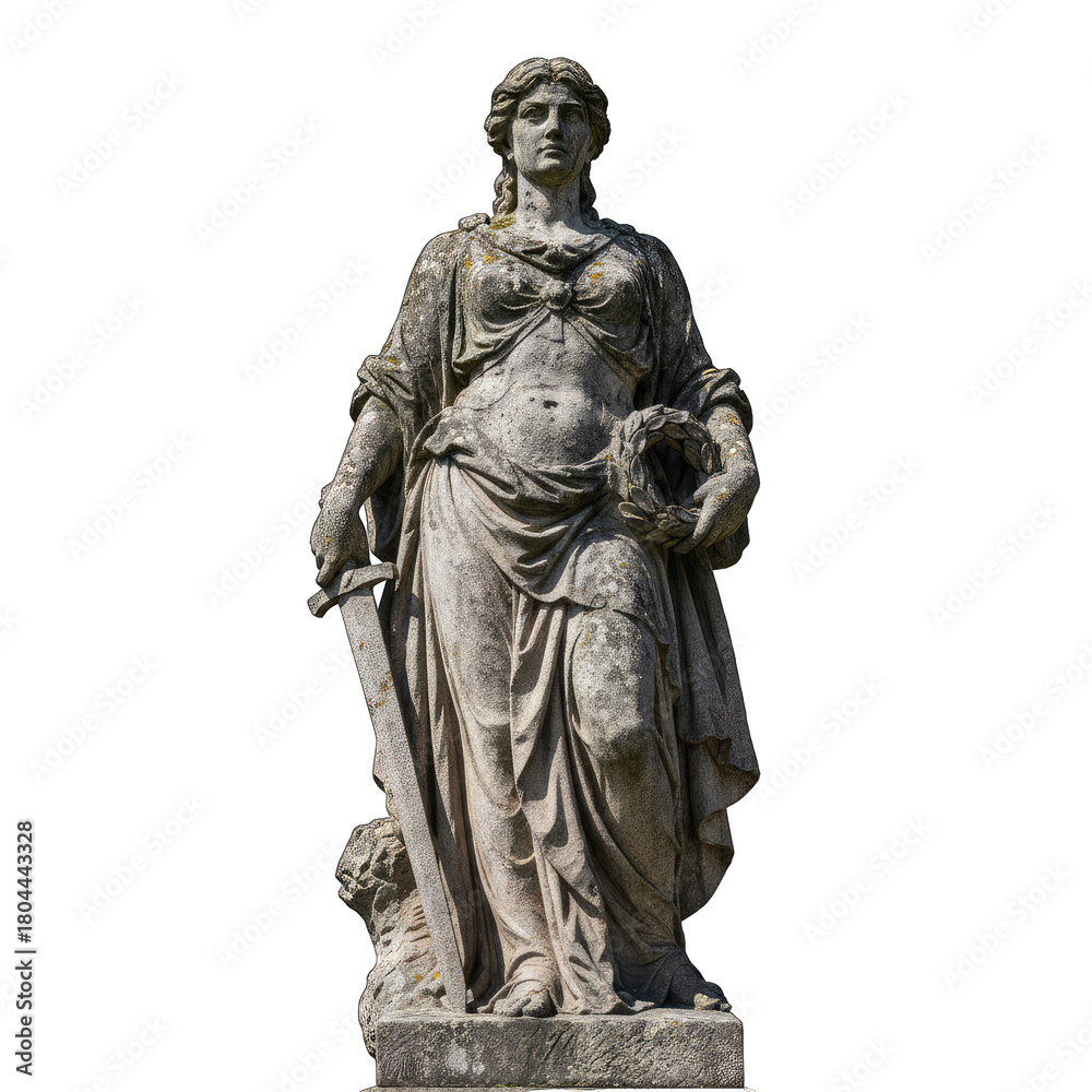 Fototapeta premium Antique stone statue of a robed woman holding a sword and a wreath isolated on a black background with sunlight and shadow