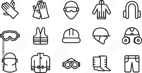 Safety Icons: A collection of essential safety equipment icons, meticulously designed for clarity and functionality, essential tools to ensure workplace safety and hazard awareness.