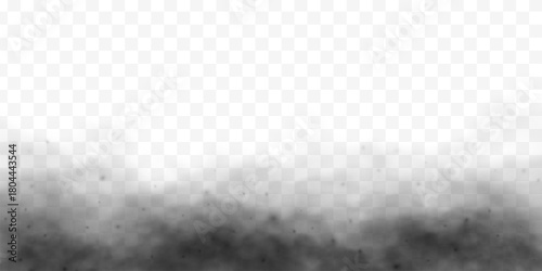 Black smoke fog on white transparent background. Dark ominous cloud texture.