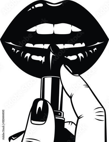 Applying lipstick vector illustration beauty makeup lips and fingernails eps silhouette