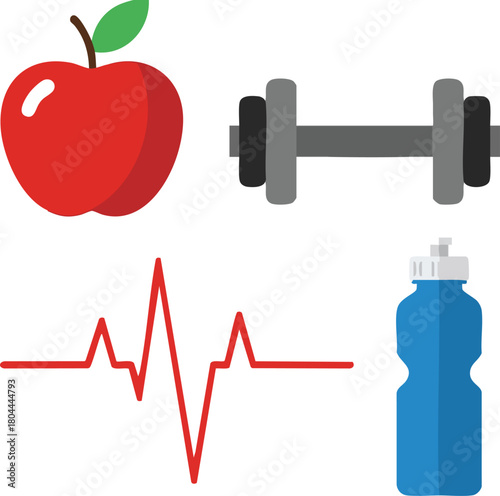 Flat lay illustration of a red apple, dumbbell, ECG line, and water bottle on a clean white background, conveying a healthy lifestyle with vibrant colors.