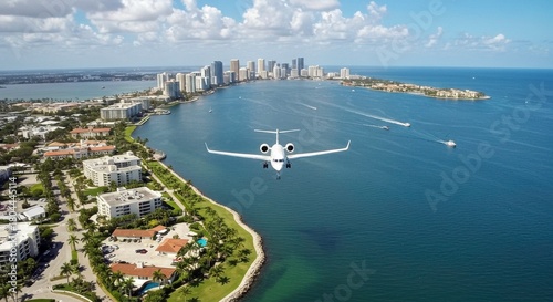 Aerial view of a private jet flying over the ocean near the coastline of Miami, Florida, USA with