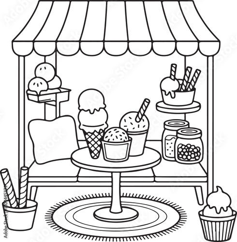 Ice cream shop outline illustration with various desserts and awning