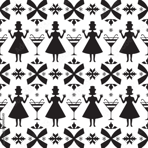 PrinBlack and White Martini Glass, Ribbon, and Bottle Wallpapert