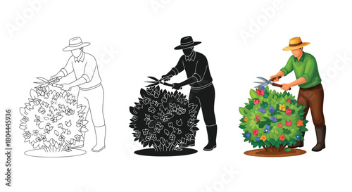Gardener trimming a bush with shears, presented in line art, silhouette, and full color versions