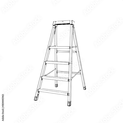 Precise monochrome drafting of a stepladder, symmetrical and centered, using straight bold lines to emphasize its construction and functional form, with a focus on sharp contrasts and precise shading 