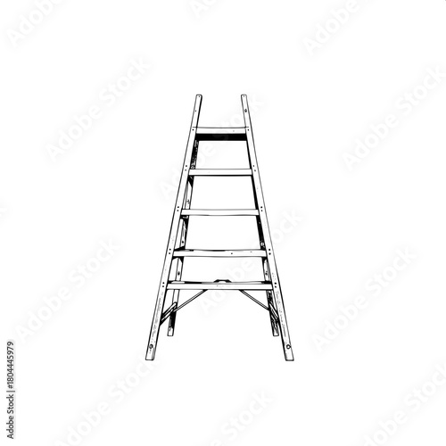 Precise monochrome drafting of a stepladder, symmetrical and centered, using straight bold lines to emphasize its construction and functional form, with a focus on sharp contrasts and precise shading 