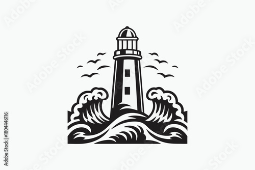 Black lighthouse stands tall amidst crashing waves with flocks of seabirds flying past