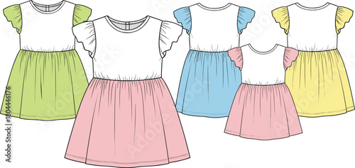 Pack of sweet toddler baby girls color-block cotton dress fashion drawing flat sketch template, knit top, woven skirt, and flutter frill sleeves apparel technical CAD design in multiple colors.