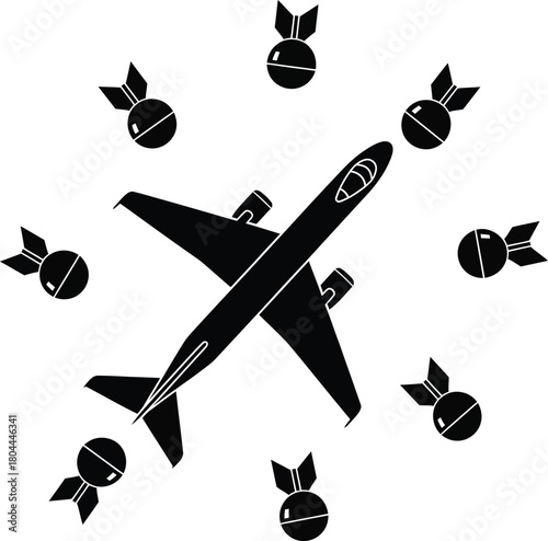 Airplane surrounded by bombs vector illustration design concept art eps silhouette