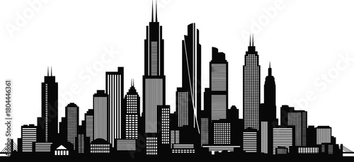 Vector silhouette of modern city skyline with skyscrapers, bridges, and urban architecture for design, planning, travel, and metropolitan themes