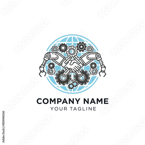 Industrial automation logo with robotic arms shaking hands over a globe.