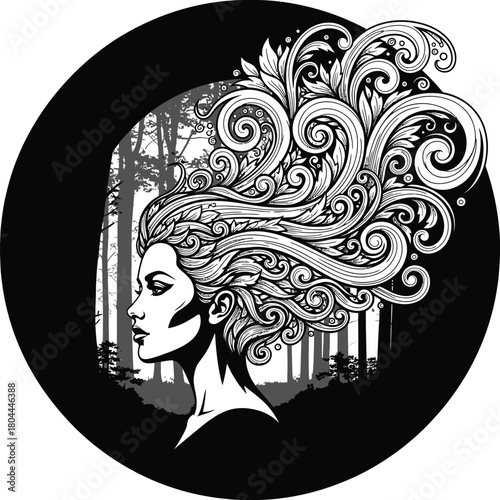 Woman with floral hair in forest black and white vector illustration eps silhouette