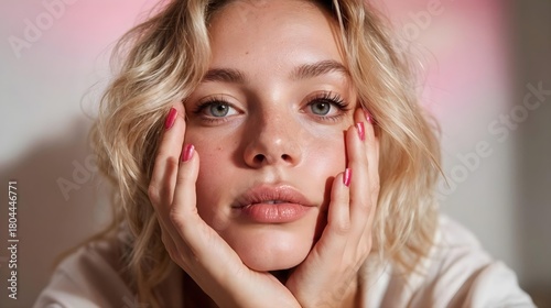 Jeune femme blonde aux ongles roses tenant son visage entre ses mains