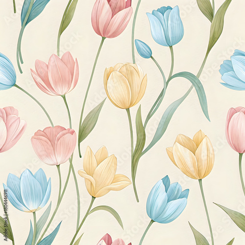 seamless pattern with tulips, Pastel Watercolor Tulip Pattern with Soft Blurred Edges on Beige