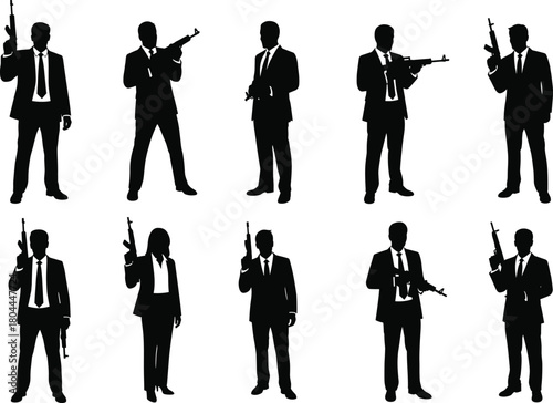 Vector silhouettes of armed individuals in suits with guns for spy, action, thriller, detective, crime, mystery, and security design themes