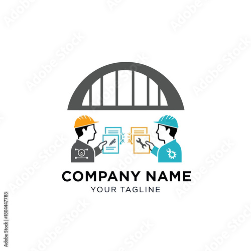 Two engineers discussing blueprints under a bridge arch, representing construction and collaboration.