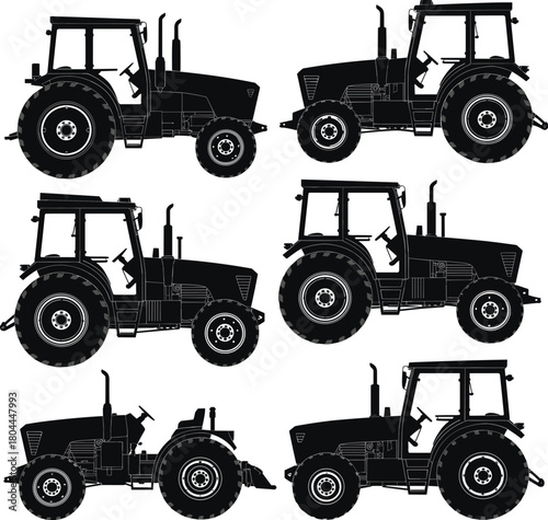 Heavy industrial construction equipment set including isolated yellow farm tractor, truck, and power machinery vehicle illustration on white