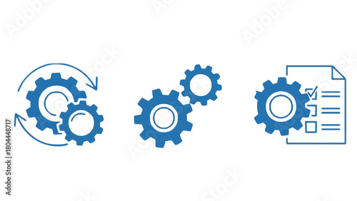 Set of three blue gear icons illustrating concepts of process, mechanics, and configuration on a white background.