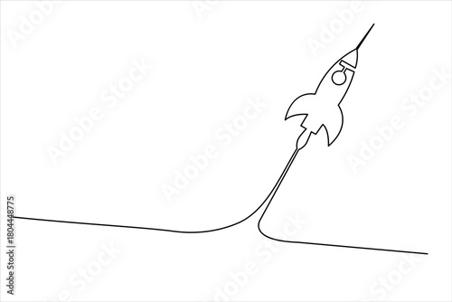 Continuous line art of a rocket flying upward fast