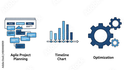 Icons representing Agile Project Planning, Data Analysis with a Ruler, and Optimization with Gears and an Upward Arrow.