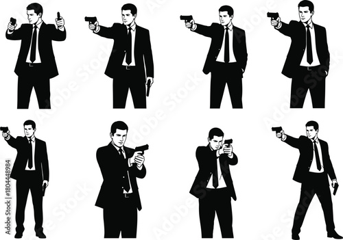 Vector silhouettes of armed men in suits with handguns for spy, crime, action, thriller, detective, mystery, and security design themes