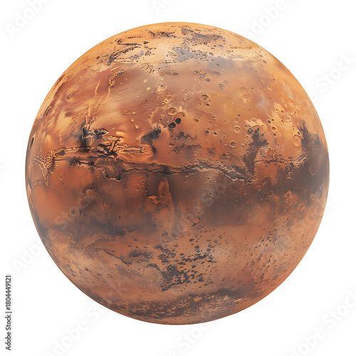 Detailed view of the planet mars showing its reddish surface and atmospheric features against a black background