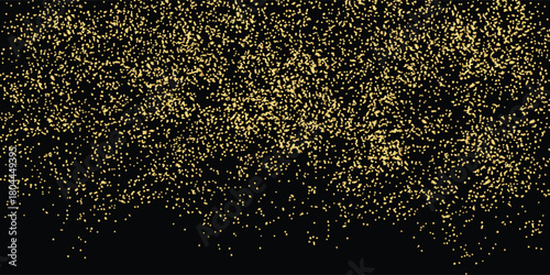 Vector halftone gold dots gradient diagonal tilt on black. Abstract dotted pattern with tonal gradation.