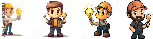 This modern clip art features a cartoon electrician holding an oversized screwdriver and a lightbulb, illustrated with simple gradients and including elements on separate layers