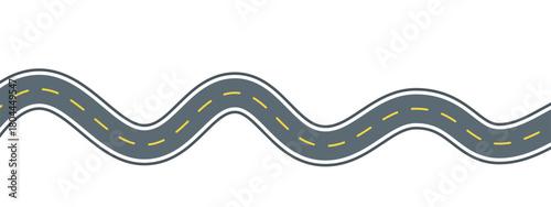 Wavy road flat line illustration. Vector outline pictogram of a horizontal winding highway with yellow dashed lane markings and curved bends, symbolizing seamless travel route and journey path