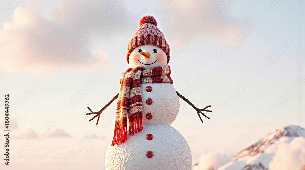 Fototapeta premium Cheerful snowman wearing a striped hat and scarf in winter