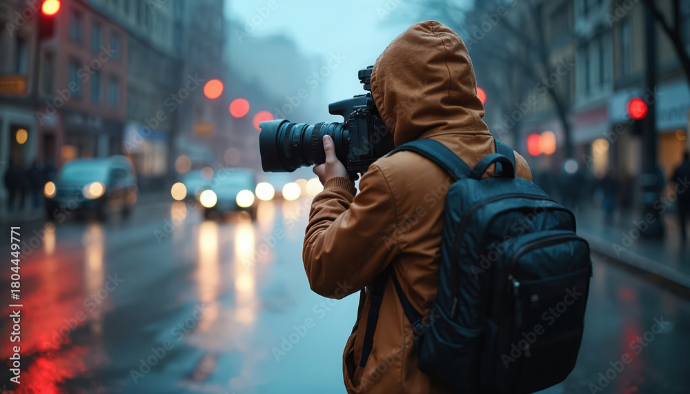 Naklejka premium Anonymous cameraman in hood shoots video on rainy city street. Journalist with backpack films urban scene at dusk. Pro operator holds camera with large lens, capturing life on wet evening road.