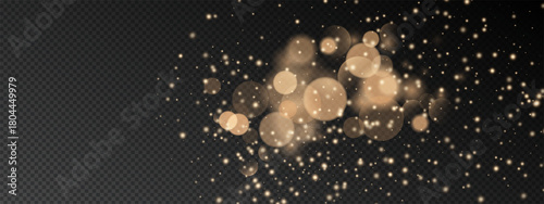 Light gold bokeh background with glitter effect and golden particles. Dust specks, confetti, flare circles, and magic sparkles create champagne glow. Vector shine texture for festive firework designs