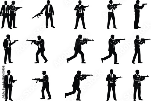 Vector silhouettes of armed men in suits with rifles for spy, action, crime, thriller, detective, mystery, and tactical design themes