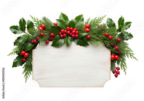Christmas garland with fir, holly, and berries on a sign isolated on transparent background
