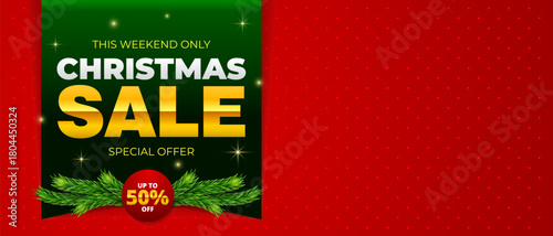 Christmas sale horiontal banner vector, merry christmas background  illustration with empty space for media promotion