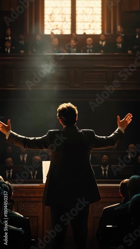 Man delivering powerful speech in historic courtroom