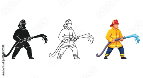 Firefighter holding a fire hose, available as a color, silhouette, and outline version for your creative design
