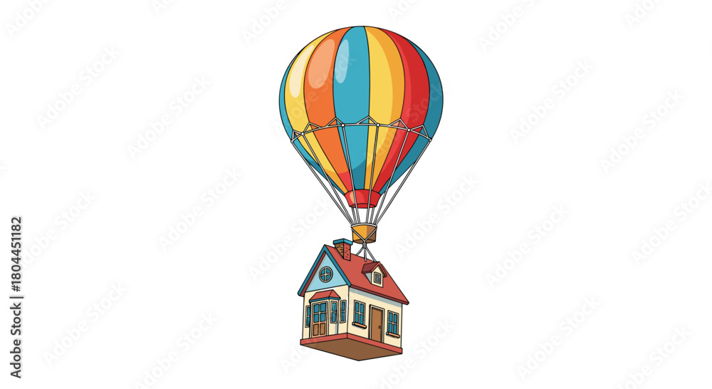 Fototapeta premium A whimsical house suspended from a colorful hot air balloon, Generative AI.
